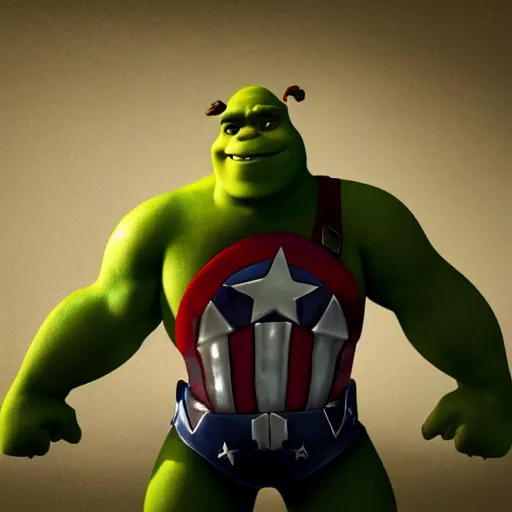 Image similar to digital painting of Shrek as Captain America, octane render, volumetric lightening, by marvel