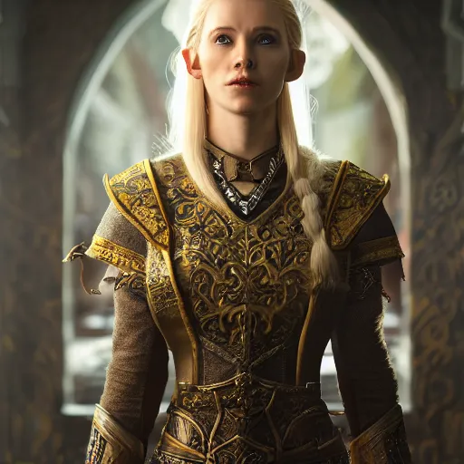 Image similar to the elder scrolls vi, charismatic regal blonde high elf female jarl, portrait, throne room, atmospheric lighting, painted, intricate, volumetric lighting, beautiful, daytime, sunny weather, slight overcast, sharp focus, deep colours, ultra detailed, by leesha hannigan, ross tran, thierry doizon, kai carpenter, ignacio fernandez rios