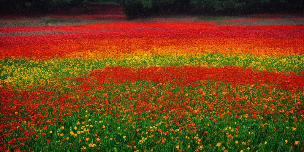 Image similar to a beautiful flower field made of fire in rain, professional photography