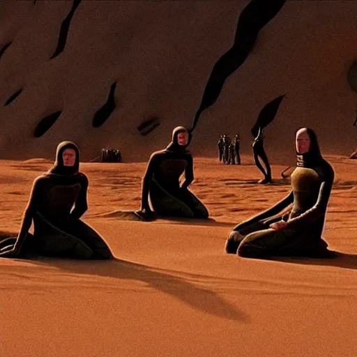 Image similar to colour aesthetic highly detailed photography scene from dune ( 2 0 2 1 ) by denis villeneuve and gregory crewdson style with hyperrealistic highly detailed faces. many details by andrei tarkovsky and caravaggio in sci - fi style. volumetric natural light hyperrealism