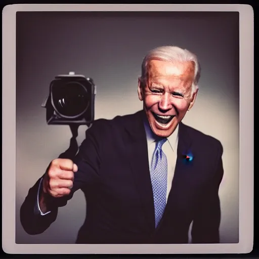 Image similar to polaroid of joe biden punching camera, enraged, angry, gritting teeth, spit flying, blurry, motion blur