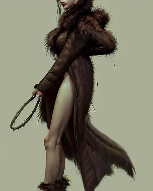 Image similar to fur - lined dragonhide jacket!!! beautiful and elegant female!! gorgeous ayes!! character concept art, sharp focus, illustration, artgerm!! greg rutkowski! wlop!! ilya kuvshinov!! marc brunet!! octane render! unreal engine 5! highly rendered!! trending on artstation!! cgi vfx!