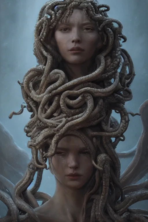 Image similar to A portrait of medusa statue by Greg Rutkowski, Sung Choi, Mitchell Mohrhauser, Maciej Kuciara, Johnson Ting, Maxim Verehin, Peter Konig, Bloodborne , 8k photorealistic, cinematic lighting, HD, high details, dramatic, atmospheric , trending on artstation