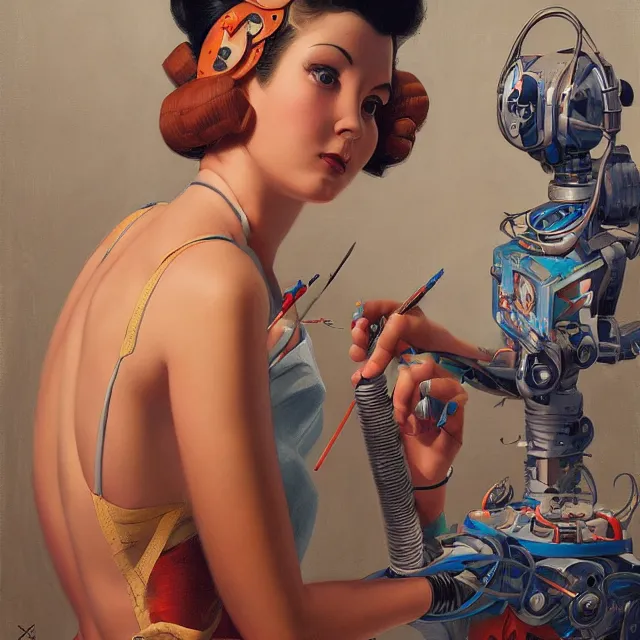 Prompt: robot artist painting a self - portrait on a canvas. intricate, highly detailed, digital matte painting in the style of gil elvgren and in the style of sachin teng and in the style of h. r. giger. irony, recursion, inspiration.