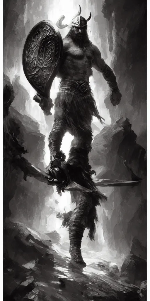 Image similar to highly detailed beautiful black and white photography of a viking, sharp focus, dynamic lighting, elegant harmony, beauty, masterpiece, by riccardo federici, by craig mullins, by greg tocchini, by greg rutkowski