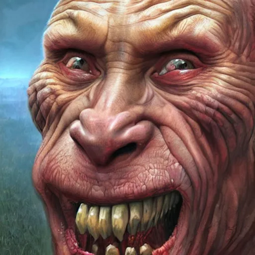 Image similar to vladimir putin, putin is bald prehistoric primate caveman, reptiloid eyes, awe face, toothless, saw teeth, peeling skin, horror macabre face, clown nose, by donato giancola and greg rutkowski and wayne barlow and zdzisław beksinski, realistic face, digital art