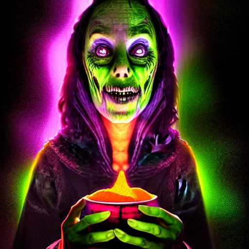 Image similar to a portrait of a scary ugly witch that is brewing a wicked potion in her cauldron that is marked with magical symbol that are glowing, highly detailed, digital photo, hdri, by christopher bretz and john carpenter, vivid colors, high contrast, 8 k resolution, intricate, photorealistic, smooth, psychedelic color scheme, concept art, award winning, cg society contest winner