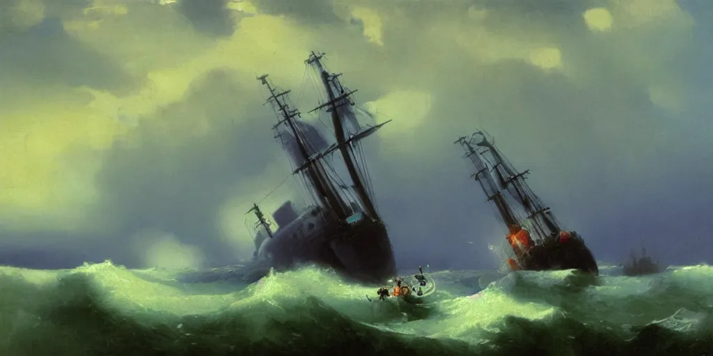 Prompt: kraken pulling a submarine underwater, ivan aivazovsky, stylized