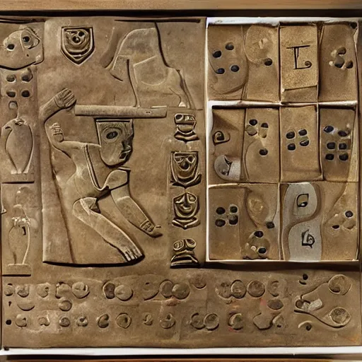 Image similar to ancient board game pieces & tokens recovered from a sumerian archaeological site, auctioned at christie's