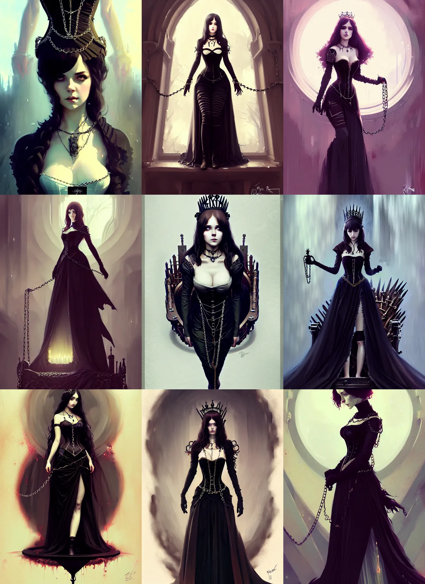 Prompt: an elegant beautiful gothic princess, very tight corset, chains, iron throne, full body, style of ilya kuvshinov greg rutkowski anna dittmann, masterpiece, very high quality, intricate, high resolution