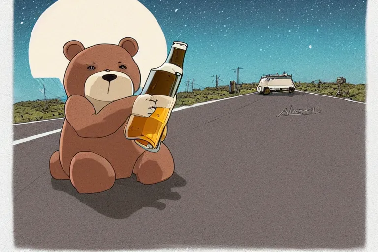 Image similar to a study of a cell shaded cartoon bear drinking a a beer on a desert road in front of a big moon, full body, wide shot, very muted colors, post grunge, studio ghibli, laurie greasley, highly detailed, deviantart, art by artgem