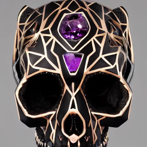 Image similar to opened mouth panther skull with gold teeth and gems inlaid skull, matte black, rose gold, amethyst, high coloration, ambient lightning, ultra wide lens, focused, highly detailed, 8 k