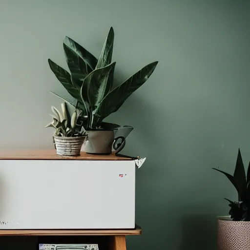 Prompt: A vinyl player in a corner of a pastel-coloured room with plants on each side and old tv, dreamy, neon, vibrant, nostalgic, bokeh