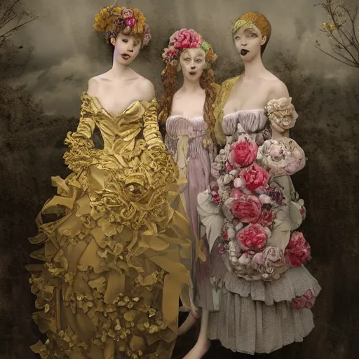 Image similar to 8k, octane render, fine detail, realism, tonalism, renaissance, rococo, baroque, group of creepy young ladies wearing long harajuku manga dress with flowers and skulls, background chaotic gold leaf flowers