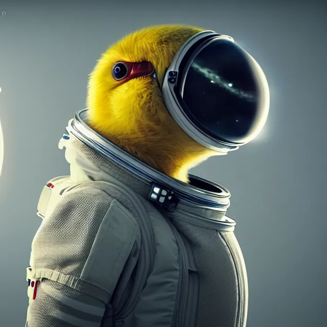 Image similar to epic portrait of an astronaut duckling, awesome gorgeous symmetrical perfect octane vfx maya render realistic