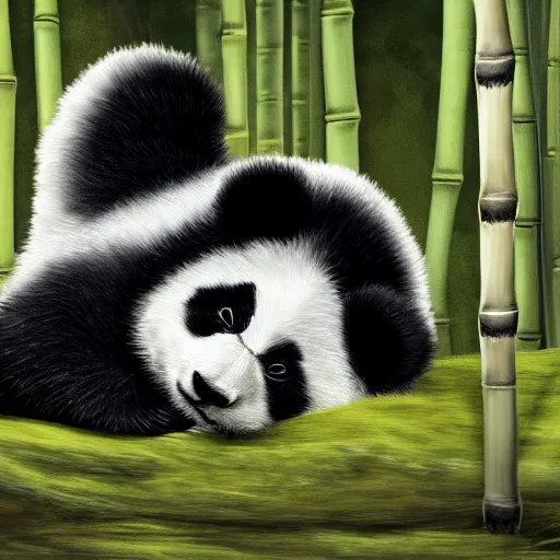 Prompt: A baby panda sleeping in a bamboo forest, highly detailed body ,it is raining, night time , peaceful atmosphere, moody lighting , digital art , highly detailed , high contrast, beautiful lighting, award winning , trending on art station, photorealistic, 8k