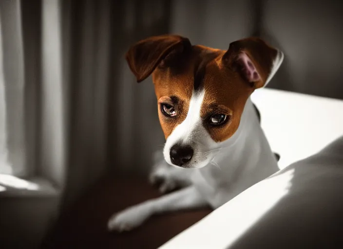 Image similar to photography of a Jack Russel . watching outside the window. on a bed. in a vintage room.,volumetric light, photorealistic,, award winning photo, 100mm, sharp, high res