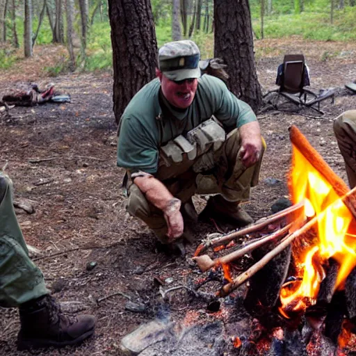 Prompt: veteran special operations officer living off the grid cooking at a campfire