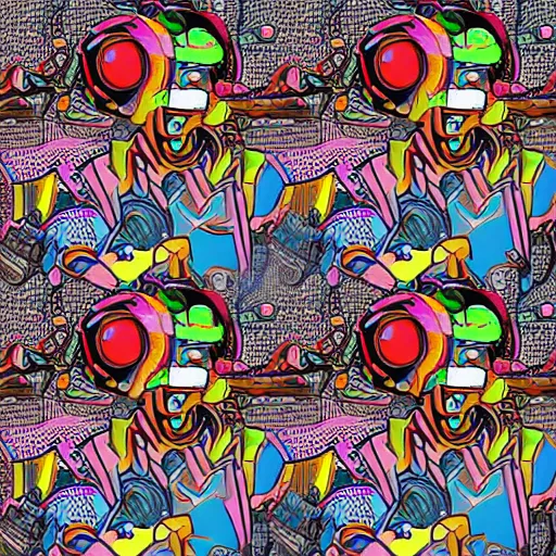 Prompt: artgerm, psychedelic laughing cybertronic where's waldo?, rocking out, headphones dj rave, digital artwork, r. crumb, svg vector