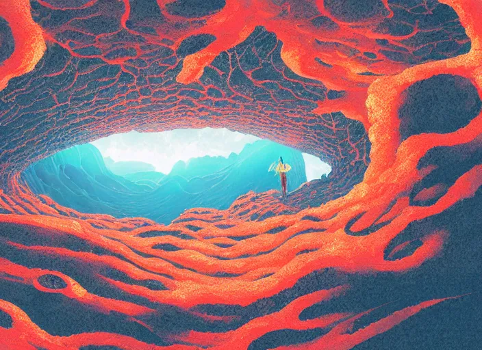 Prompt: an alien lava mountain landscape with giant alien hole opening into the underworld, dynamic shadows, dynamic lighting, ilya kuvshinov, kyoani, hiroaki samura, yoshinari yoh, james jean, katsuhiro otomo, erik jones, cel shaded, anime poster