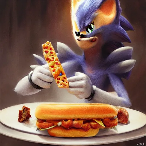 Prompt: A beautiful hyperrealistic detailed matte portrait painting of Sonic eating a sandwich of chorizo by andreas rocha and john howe and Martin Johnson