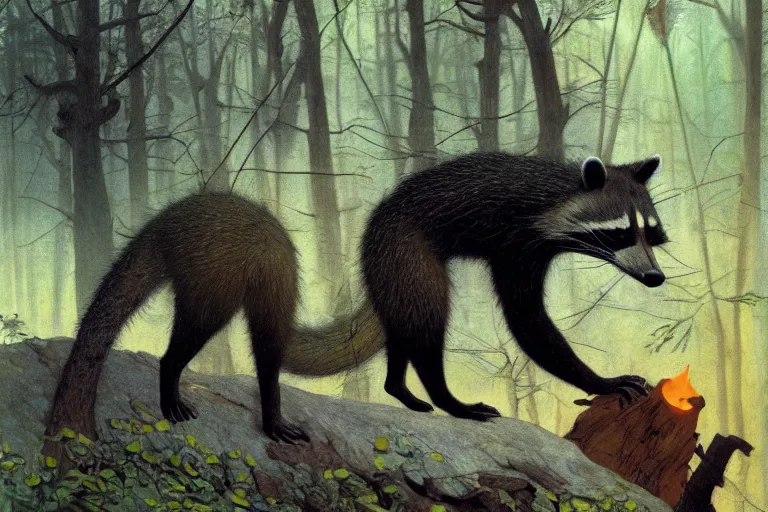 Image similar to a raccoon, foxback riding through a forest, glowing with silver light, painting by jean - leon gerome, illustration by winsor mccay, color by franz marc, today's featured photograph, 1 6 k, character design, furry art, furaffinity, realistic, detailed