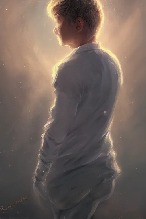 Prompt: young man with short blond hair, looking downwards, magical swirls, magical light, magical atmosphere, depression, painterly, highly detailed, 8 k, digital art trending on artstation, hyper detailed, graphic novel