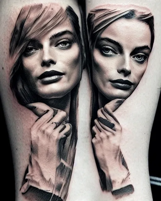 Prompt: creative double exposure effect tattoo design sketch of margot robbie face faded in beautiful mountain scenery, realism tattoo, in the style of matteo pasqualin, amazing detail, sharp