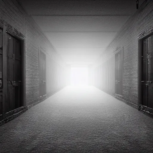 Image similar to an empty backroom at night, dark and scary atmosphere, white hue, photorealistic