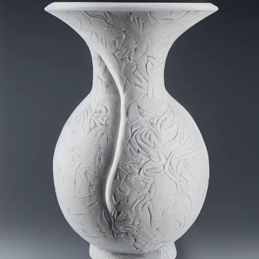 Prompt: the yggdrasil multiverse vase. highly detailed carving on southern ice porcelain, partially glazed, woodfired, 85mm dslr art gallery photo