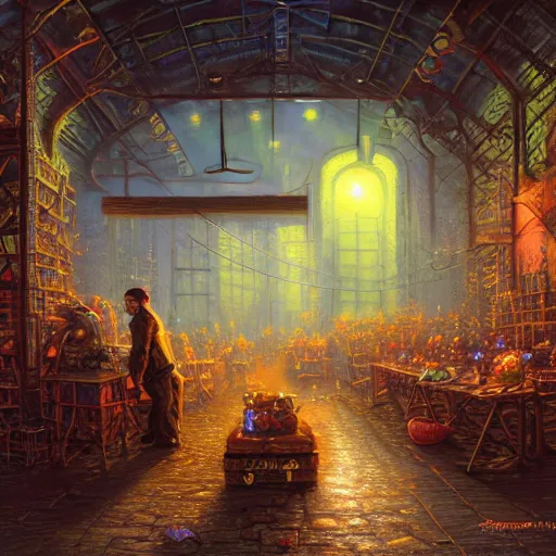 Prompt: warehouse rave by evgeny lushpin, thomas kinkade, igor zenin, gilbert williams, bruce pennington, paul lehr, martin johnson heade, andreas franke, patrick woodroffe, michael whelan, josephine wall, todd schorr, dan mumford, raphael lacoste, tim hildebrandt