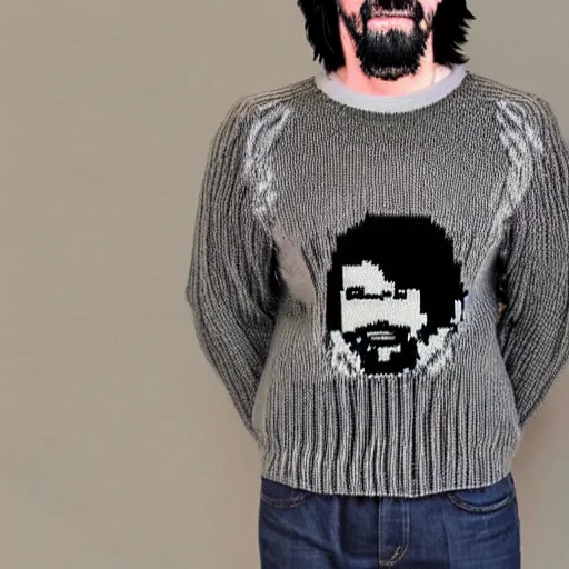 Prompt: a hand knit wool sweater with an keanu reeves face pattern