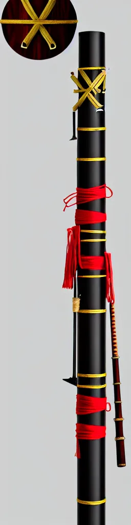 Image similar to single wooden long straight thin ninja fighting staff with oriental ornaments, weapon, highlight, vertical, centred, highly symmetric, sci - fi, fantasy, japan, dnd, close shot, bright uniform background, directional lighting, digital art, hyperrealism, award winning, 8 k