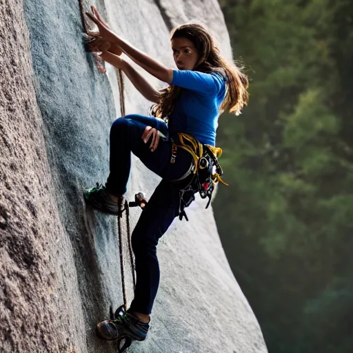 Image similar to high quality portrait of a teenage female rock climber, wearing jeans, 4k, cinematic, unreal engine