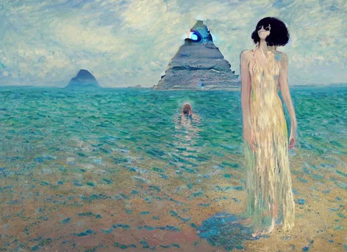 Prompt: lee jin - eun in luxurious dress emerging from turquoise water in egyptian pyramid city during an eclipse by claude monet, conrad roset, m. k. kaluta, martine johanna, rule of thirds, elegant look, beautiful, chic, face anatomy, cute complexion