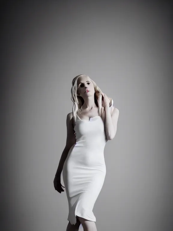 Image similar to studio photo of gorgeous seductive tall emily skinner cosplaying annie leonhart wearing heels, wearing tight white wet dress, in a white room, beautiful face, pale skin, rule of thirds, cinematic lighting, sharp focus, backlit, stunning, smooth, hard focus, full body shot, shot on sony a 7 iii