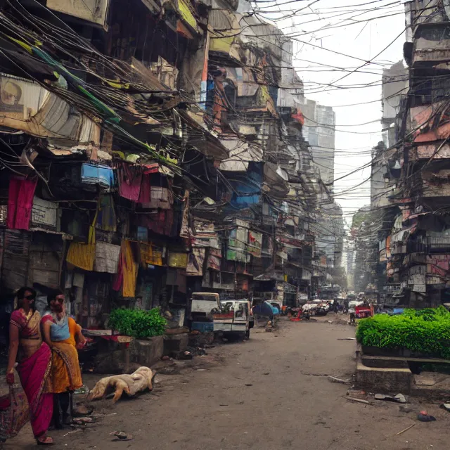 Prompt: streets of mumbai, 2 0 7 0, cyberpunk, mossy buildings, high fidelity, uncompressed png, indian caravans