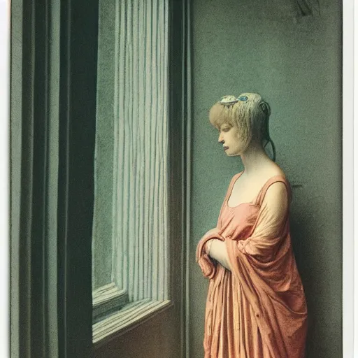 Image similar to a goddess in a liminal room, polaroid by leon battista alberti, limited color palette, very intricate, art nouveau, highly detailed, lights by hopper, soft pastel colors, minimalist