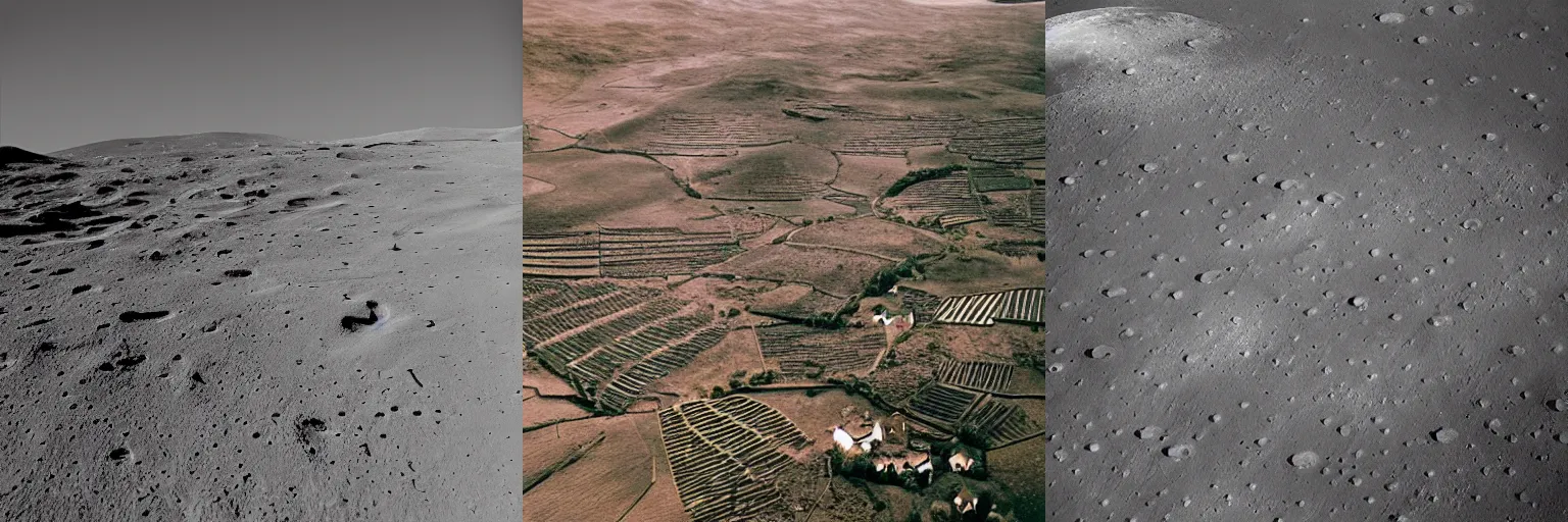 Prompt: a sleepy english village nestled bewteen tranquil mountains on the moon, lunar landscape, nasa photography