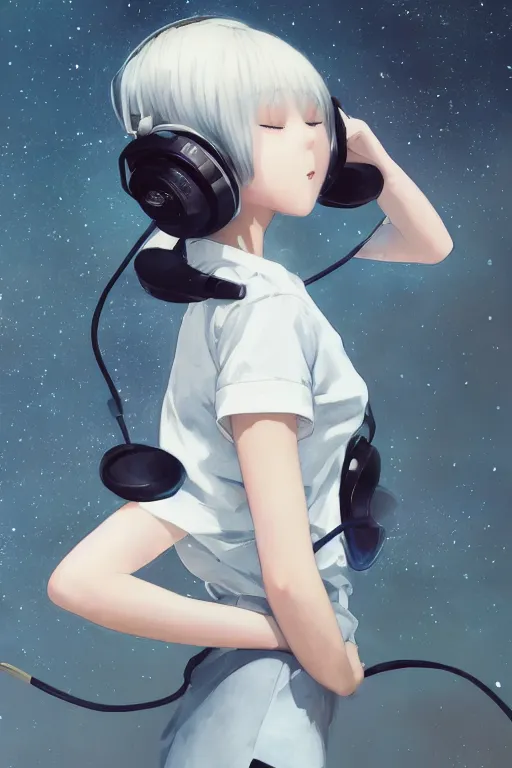 Prompt: a cute young woman listening to music with her eyes closed and wearing headphones by Range Murata, white bob cut hair, freckles, dark thunderclouds in the backround, blue filter, blue and white, vivid colors, soft lighting, cinematic, moody, nier automata, poster, oil on canvas, by Ilya Kuvshinov, by Krenz Cushart, 8k