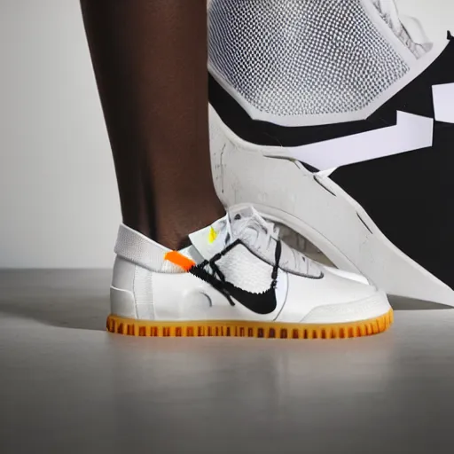 Image similar to a studio photoshoot of Nike x Off-White sneakers designed by Virgil Abloh, leather with knitted mesh material, gum rubber outsole, realistic, color film photography by Tlyer Mitchell, 35 mm, graflex