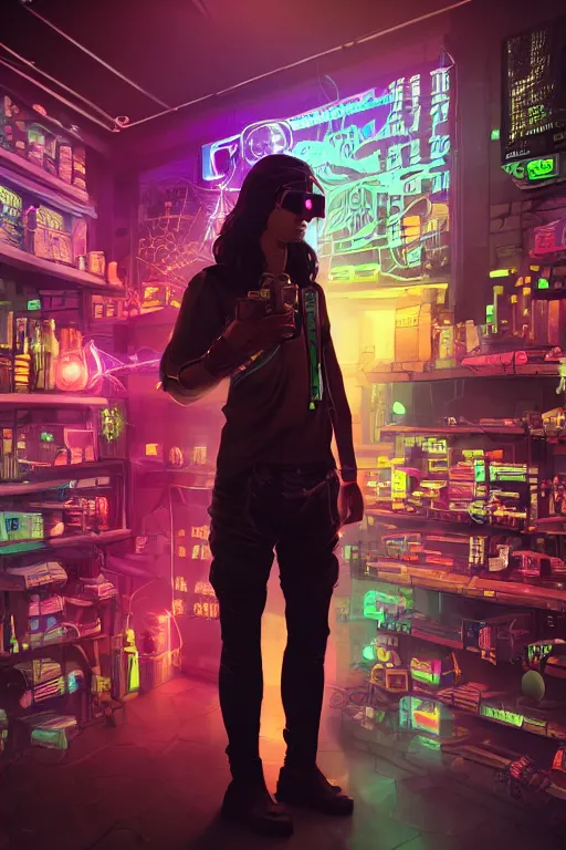 Image similar to cyberpunk shopkeeper, glow, sharp focus, beautiful, grunge, fantasy, cyber