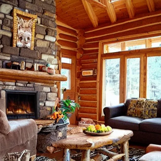 Prompt: “log cabin living room”