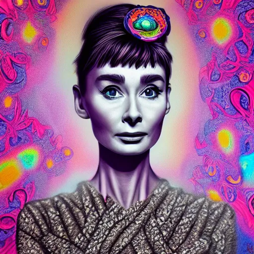 Image similar to An extremely psychedelic portrait of Audrey Hepburn, surreal, LSD, face, detailed, intricate, elegant, lithe, highly detailed, digital painting, artstation, concept art, smooth, sharp focus, illustration