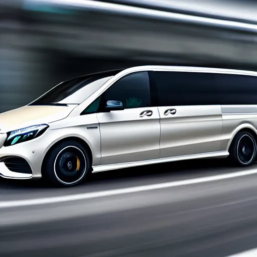 Image similar to Mercedes AMG GTR Minivan centered in frame, advertisement, motion blur, ad