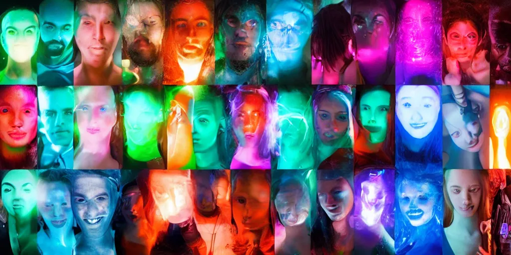 Image similar to diverse groups of humans with glowing electronic body implants projecting amazing 3D graphics, from behind, rebirth, beauty, wide angle, elaborate, wet, highly detailed, colors, beautiful lighting