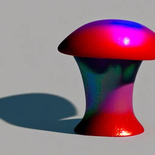 Prompt: unstable exotic matter powered mushroom, well defined mechanical features, triadic chrome shading, iridescent energy