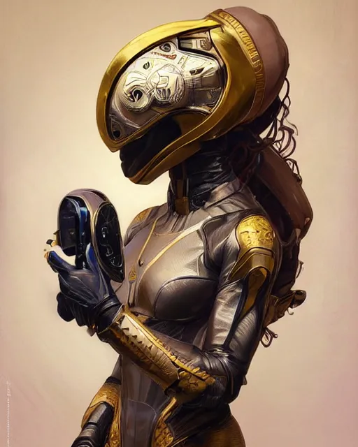 Image similar to full body Portrait of very beautiful african woman, spacesuit, holding her helmet, real life skin, intricate, elegant, highly detailed, artstation, concept art, smooth, sharp focus, art by artgerm and greg rutkowski and alphonse mucha