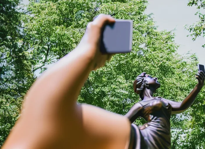 Image similar to photo still of a bronze statue of a woman using an iphone to take a selfie in a park on a bright sunny day, 8 k 8 5 mm f 1 6