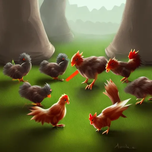 Prompt: army of tiny chickens vs 1 giant ninja rat, digital painting, artstation, hd, 4 k